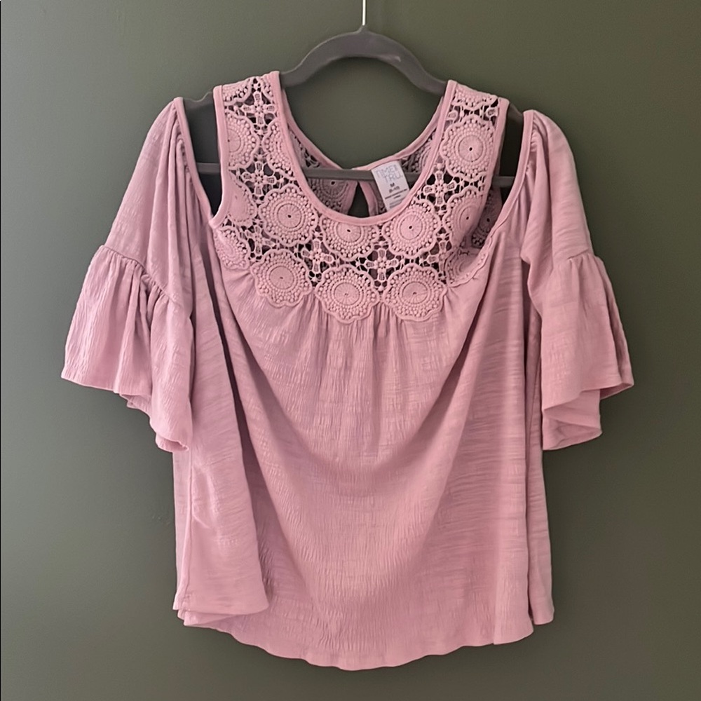 Time and Tru Pink Ruffled Blouse with Black Cut Out Details